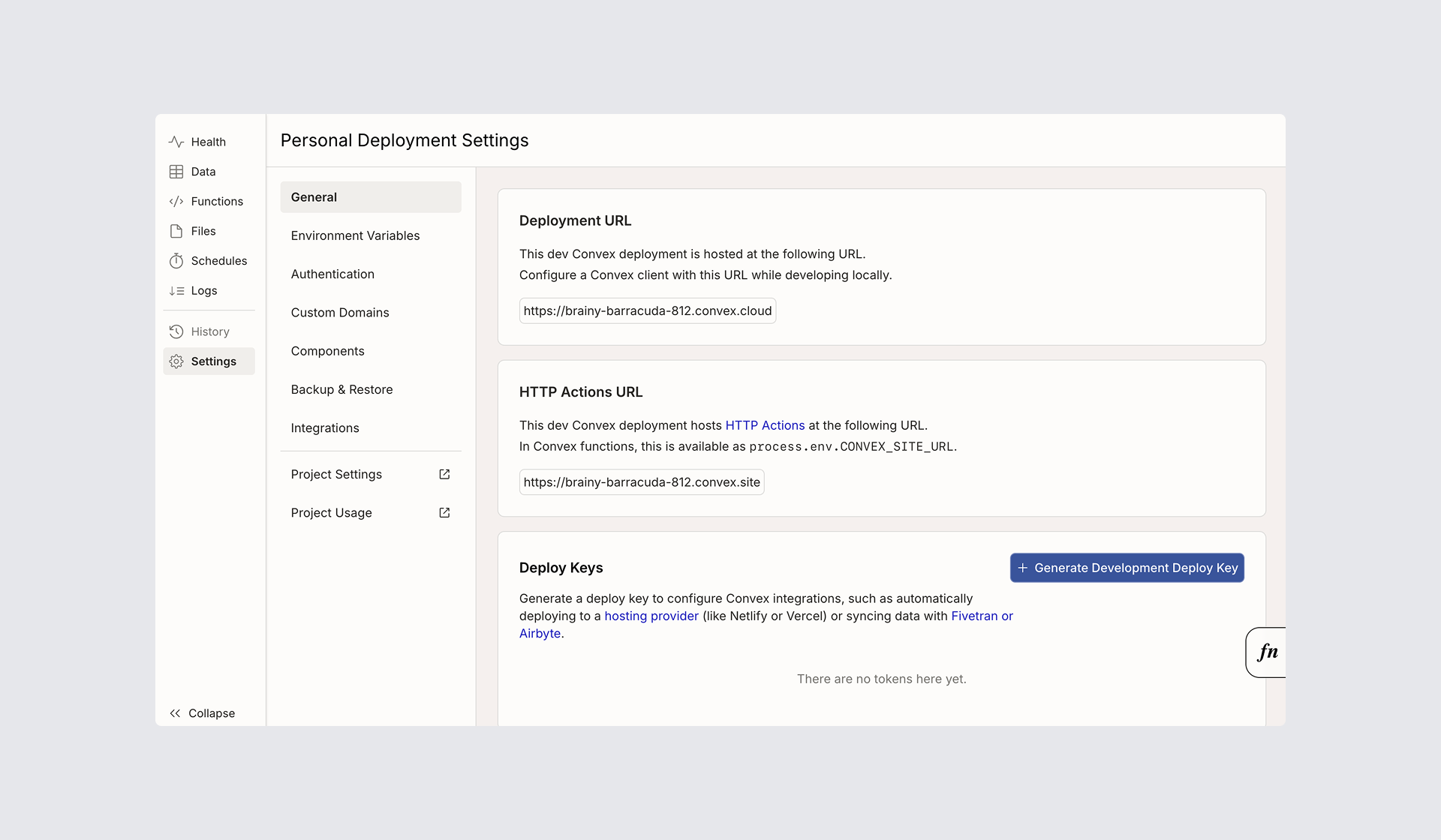 Convex dashboard Settings page showing the HTTP Actions URL